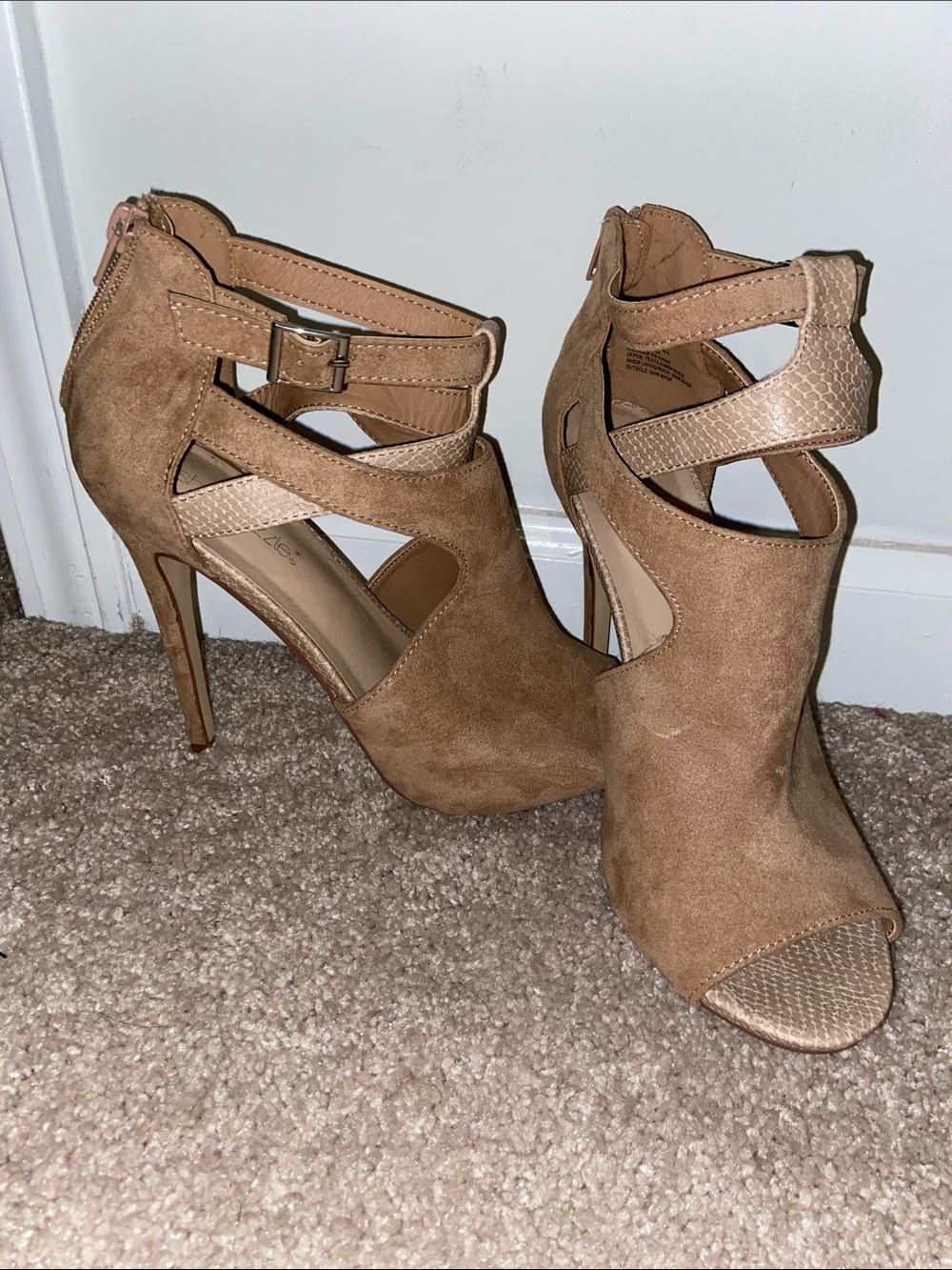 Shoe Dazzle Beige/Tan Suede Open-Toe Stiletto Heels with Textured Straps